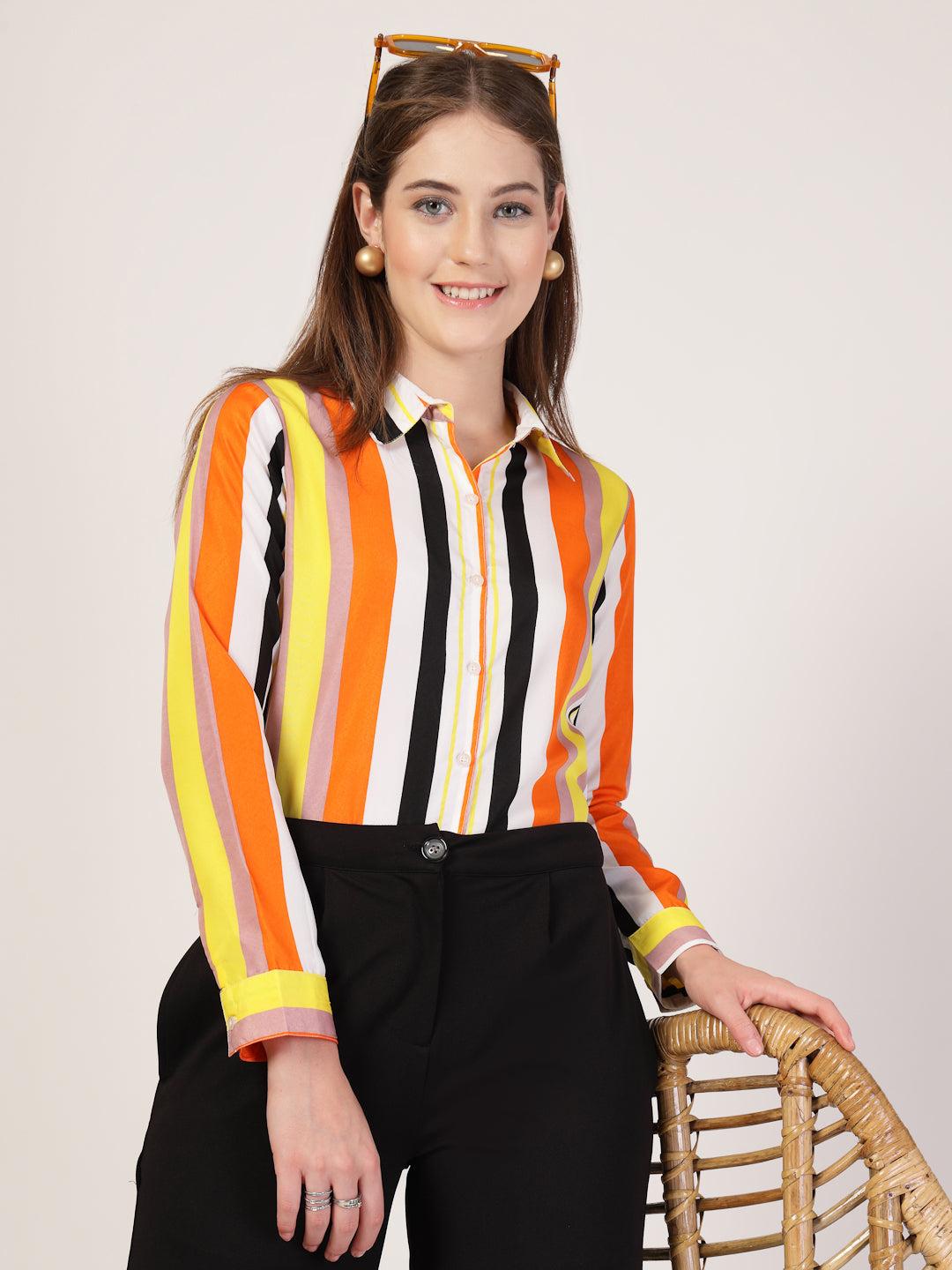 Style Quotient Women Orange Multi Stripe Printed Semi Formal Polyester Shirt-Shirts-StyleQuotient