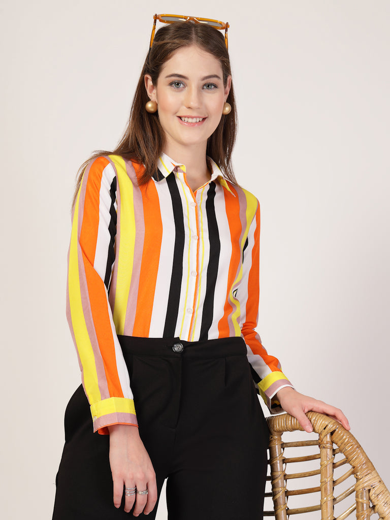 Style Quotient Women Orange Multi Stripe Printed Semi Formal Polyester Shirt-Shirts-StyleQuotient