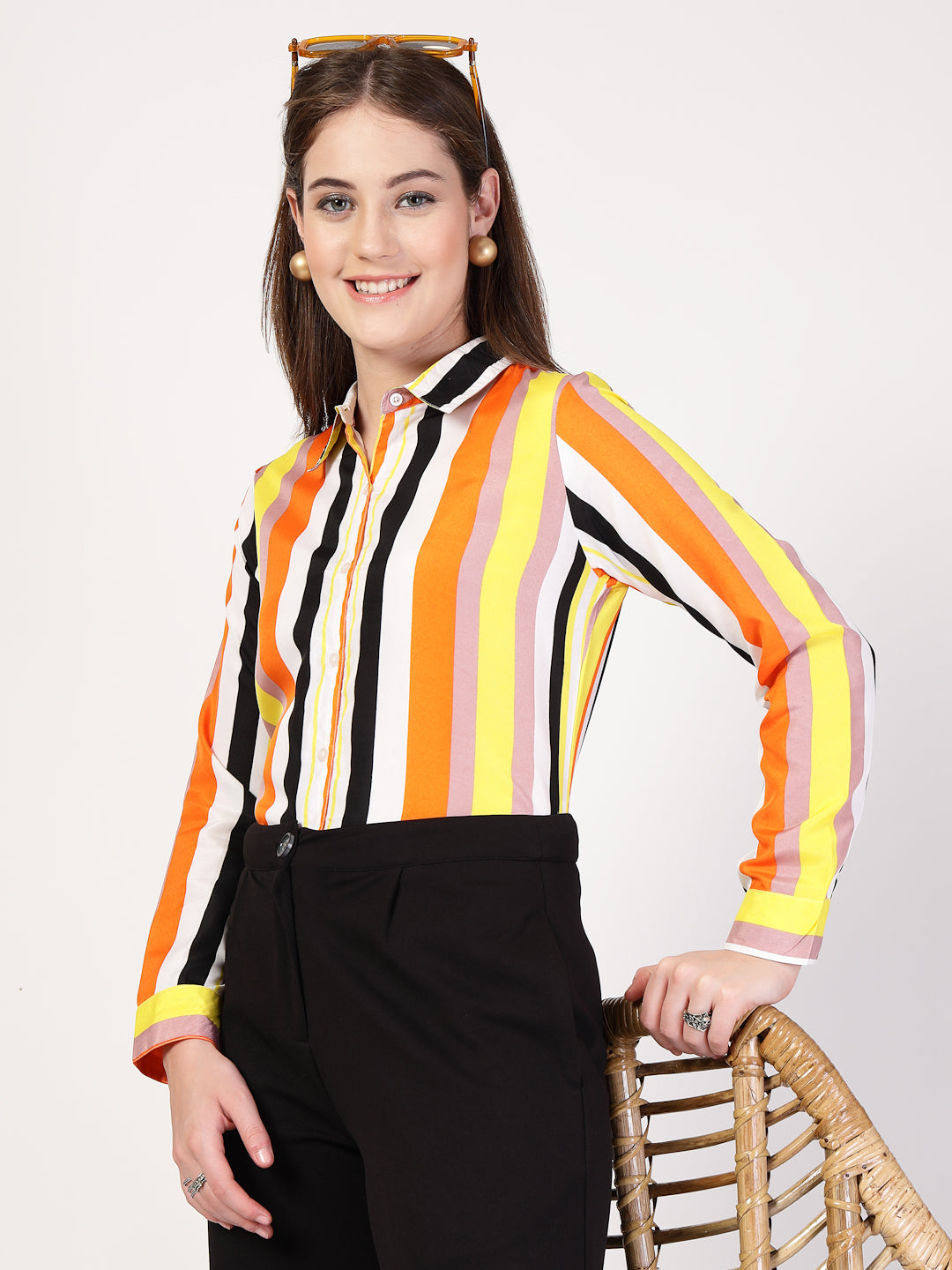 Style Quotient Women Orange Multi Stripe Printed Semi Formal Polyester Shirt-Shirts-StyleQuotient