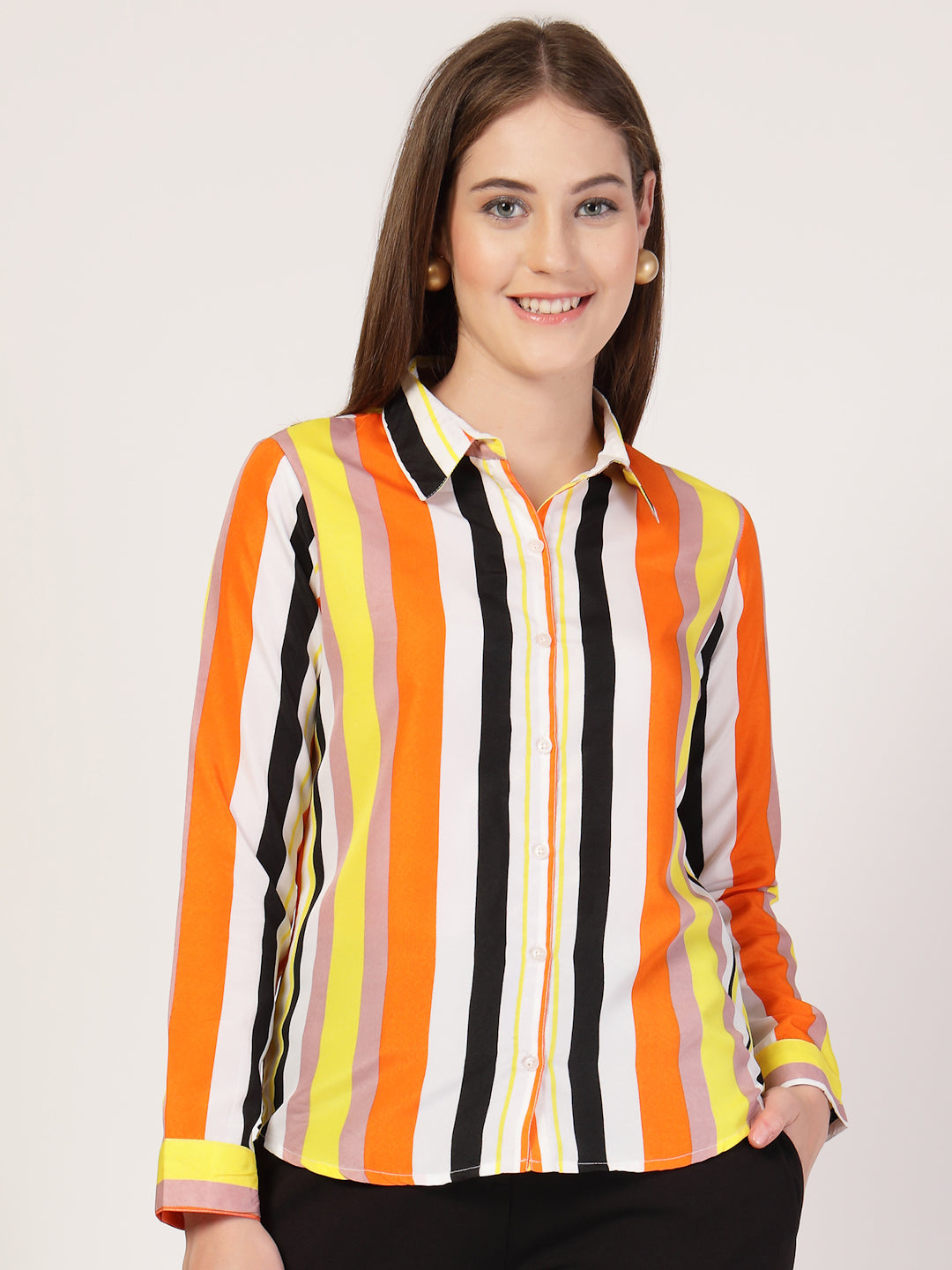 Style Quotient Women Orange Multi Stripe Printed Semi Formal Polyester Shirt-Shirts-StyleQuotient
