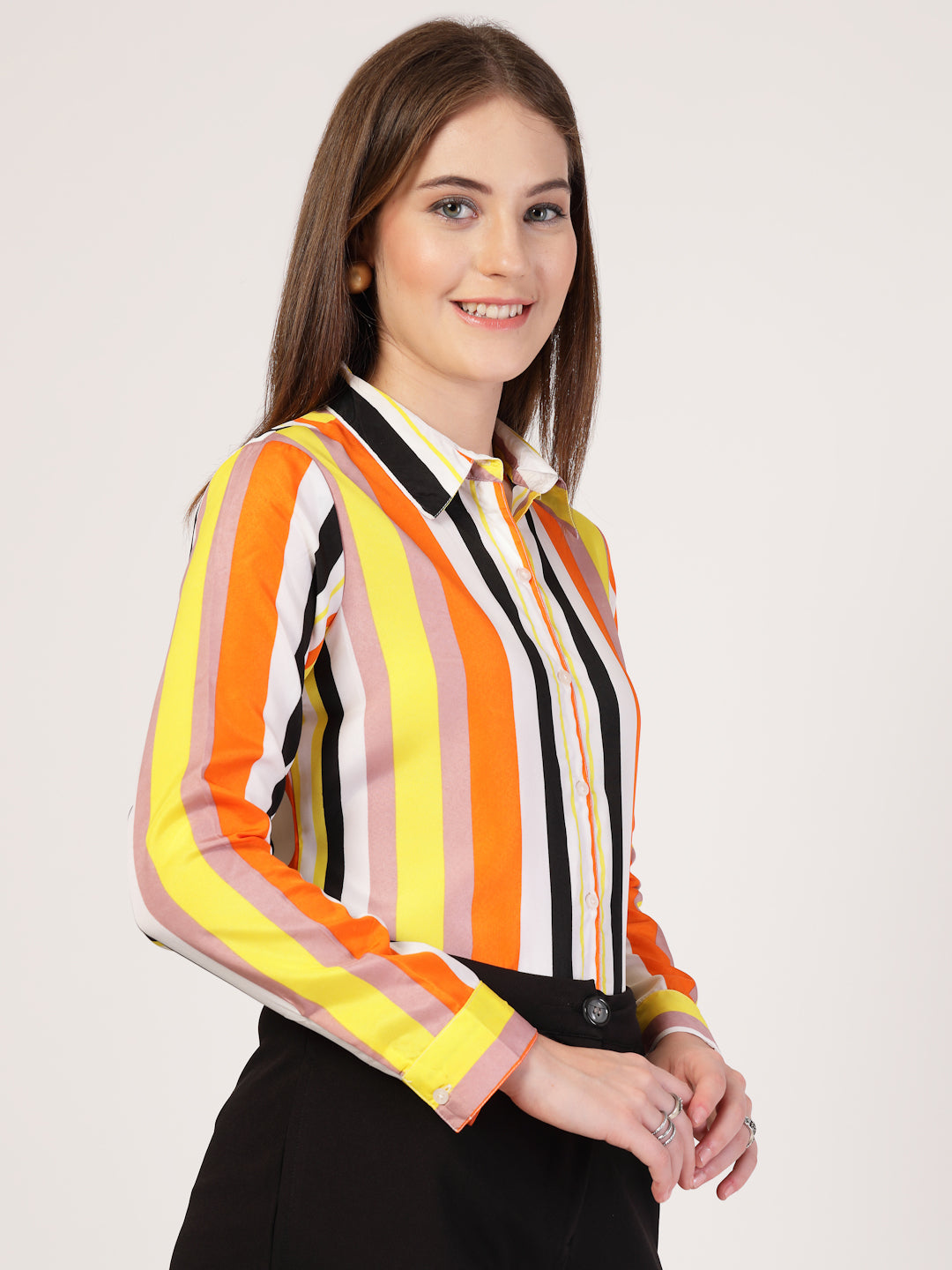 Style Quotient Women Orange Multi Stripe Printed Semi Formal Polyester Shirt-Shirts-StyleQuotient