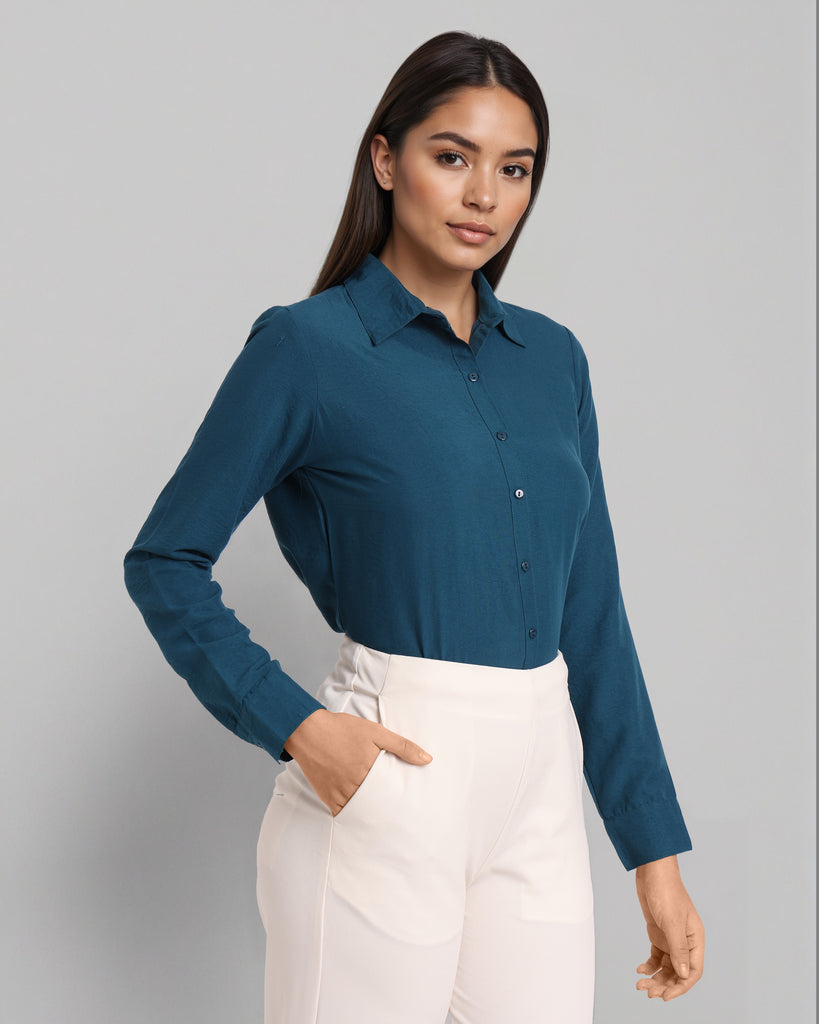 Style Quotient Women Solid Teal Formal polyester Shirt-Shirts-StyleQuotient