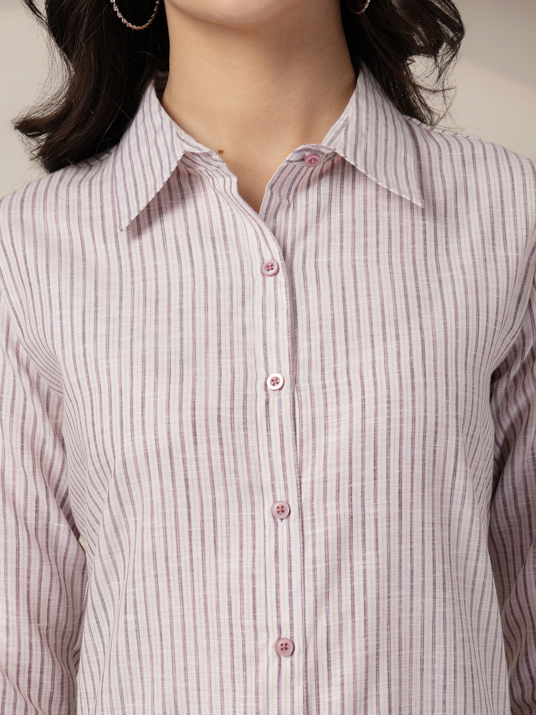 Style Quotient Women Mauve and Off White Stripe Linen Regular Fit Formal Shirt-Shirts-StyleQuotient