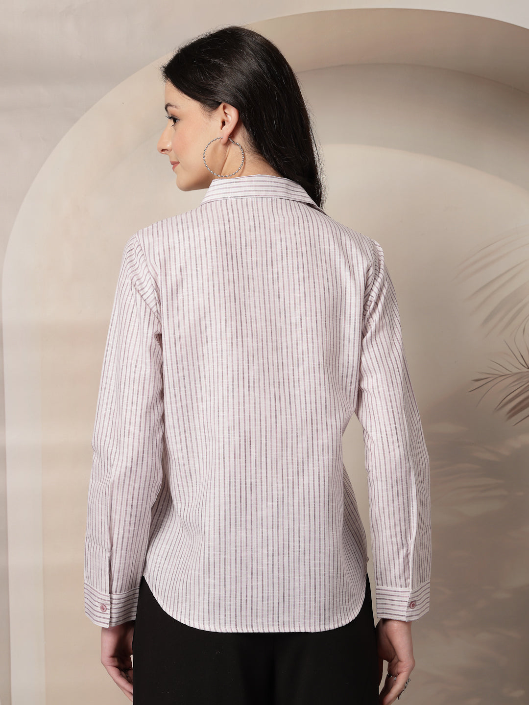 Style Quotient Women Mauve and Off White Stripe Linen Regular Fit Formal Shirt-Shirts-StyleQuotient