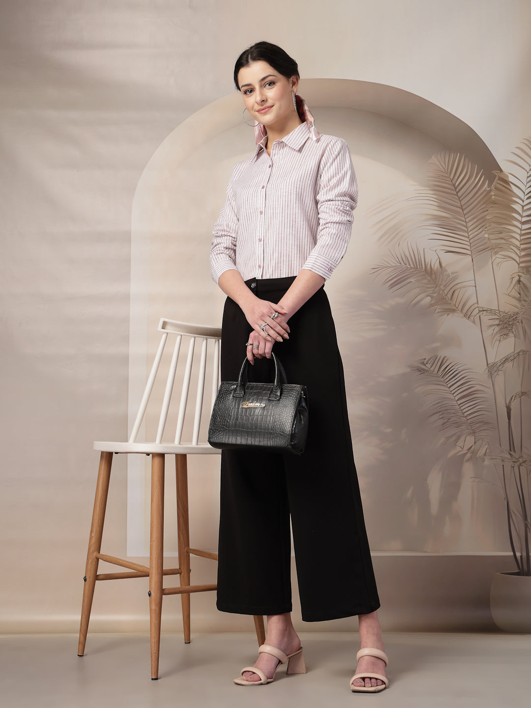 Style Quotient Women Mauve and Off White Stripe Linen Regular Fit Formal Shirt-Shirts-StyleQuotient