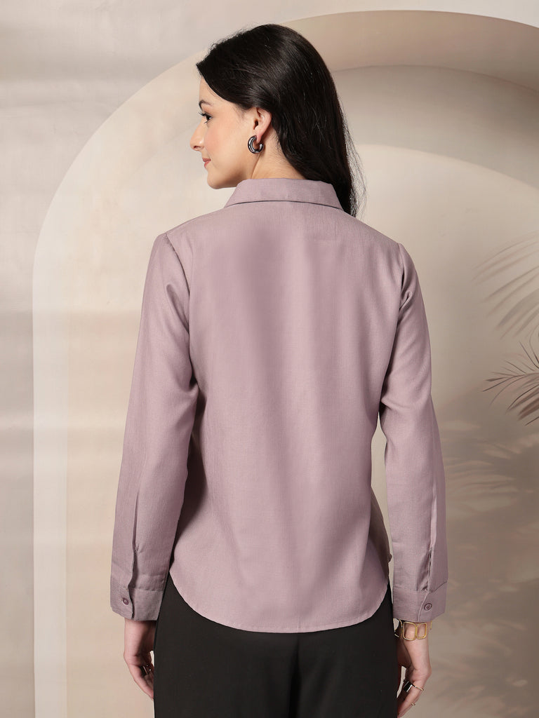 Style Quotient Women Mauve Self Design Linen Regular Fit Formal Shirt-Shirts-StyleQuotient