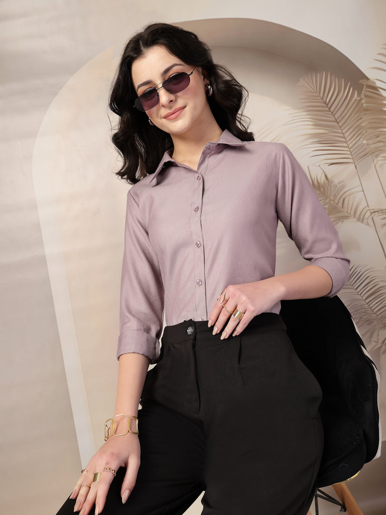 Style Quotient Women Mauve Self Design Linen Regular Fit Formal Shirt-Shirts-StyleQuotient