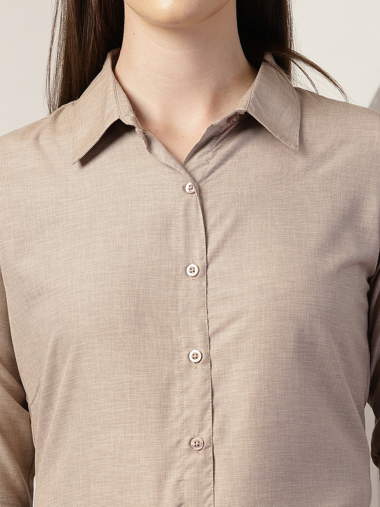 Style Quotient Women Brown Self Design Polyviscose Regular Fit Formal Shirt-Shirts-StyleQuotient