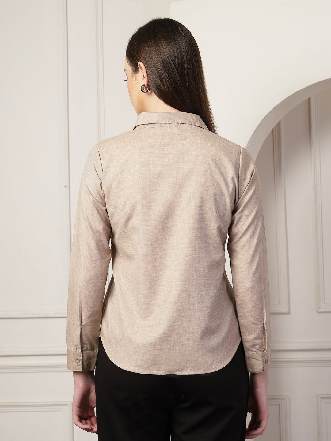 Style Quotient Women Brown Self Design Polyviscose Regular Fit Formal Shirt-Shirts-StyleQuotient