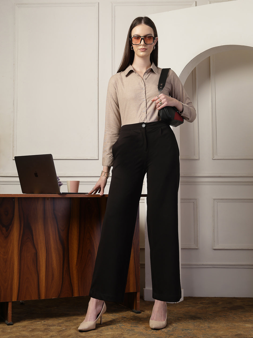 Style Quotient Women Brown Self Design Polyviscose Regular Fit Formal Shirt-Shirts-StyleQuotient