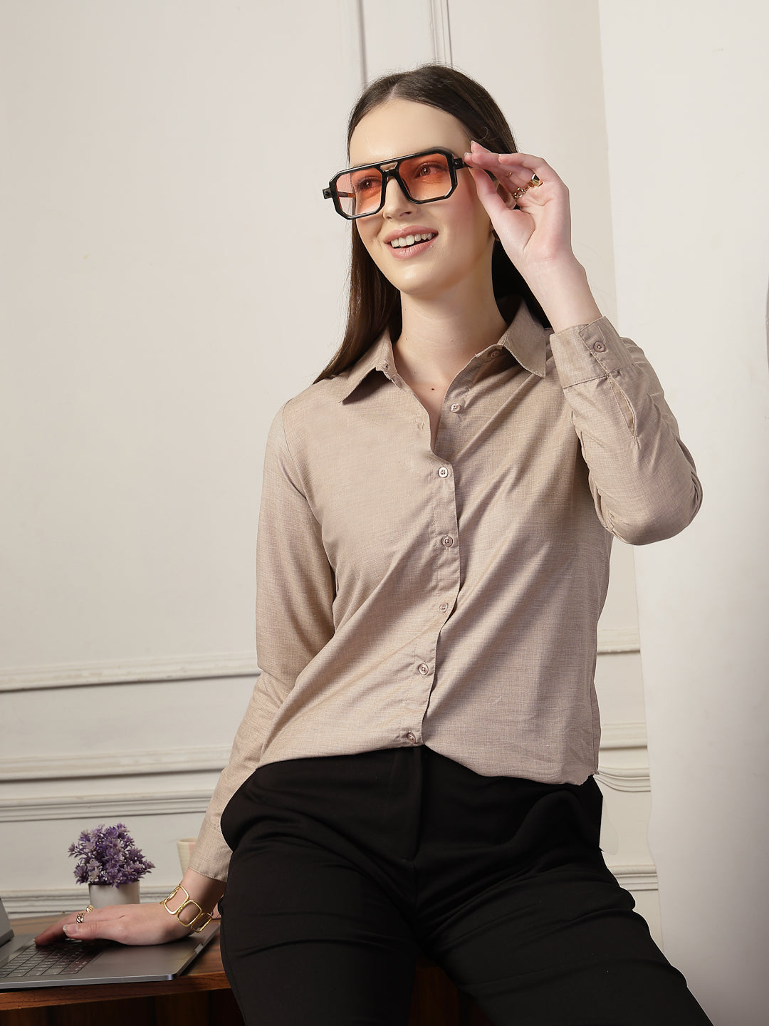 Style Quotient Women Brown Self Design Polyviscose Regular Fit Formal Shirt-Shirts-StyleQuotient