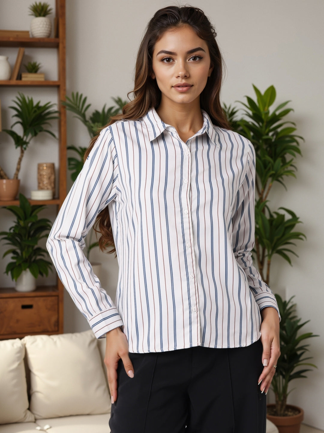 Style Quotient Women Nude Multi Stripe Printed Formal Polyester Shirt-Shirts-StyleQuotient