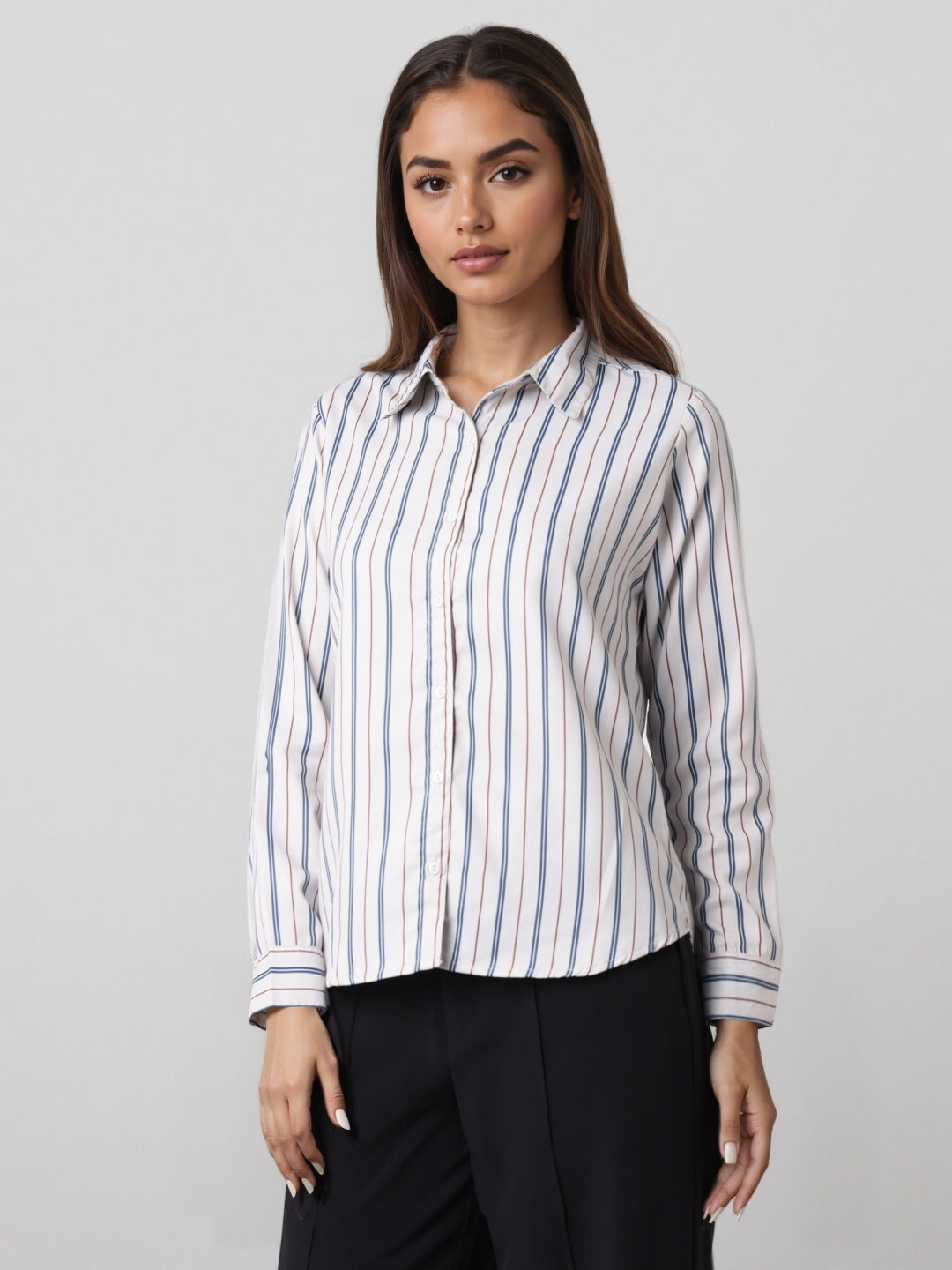 Style Quotient Women Nude Multi Stripe Printed Formal Polyester Shirt-Shirts-StyleQuotient
