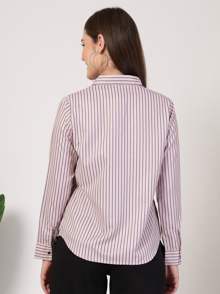 Style Quotient Women Nude Navy Stripe Printed Formal Polyester Shirt-Shirts-StyleQuotient