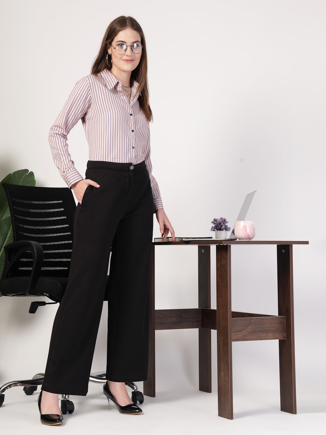 Style Quotient Women Nude Navy Stripe Printed Formal Polyester Shirt-Shirts-StyleQuotient