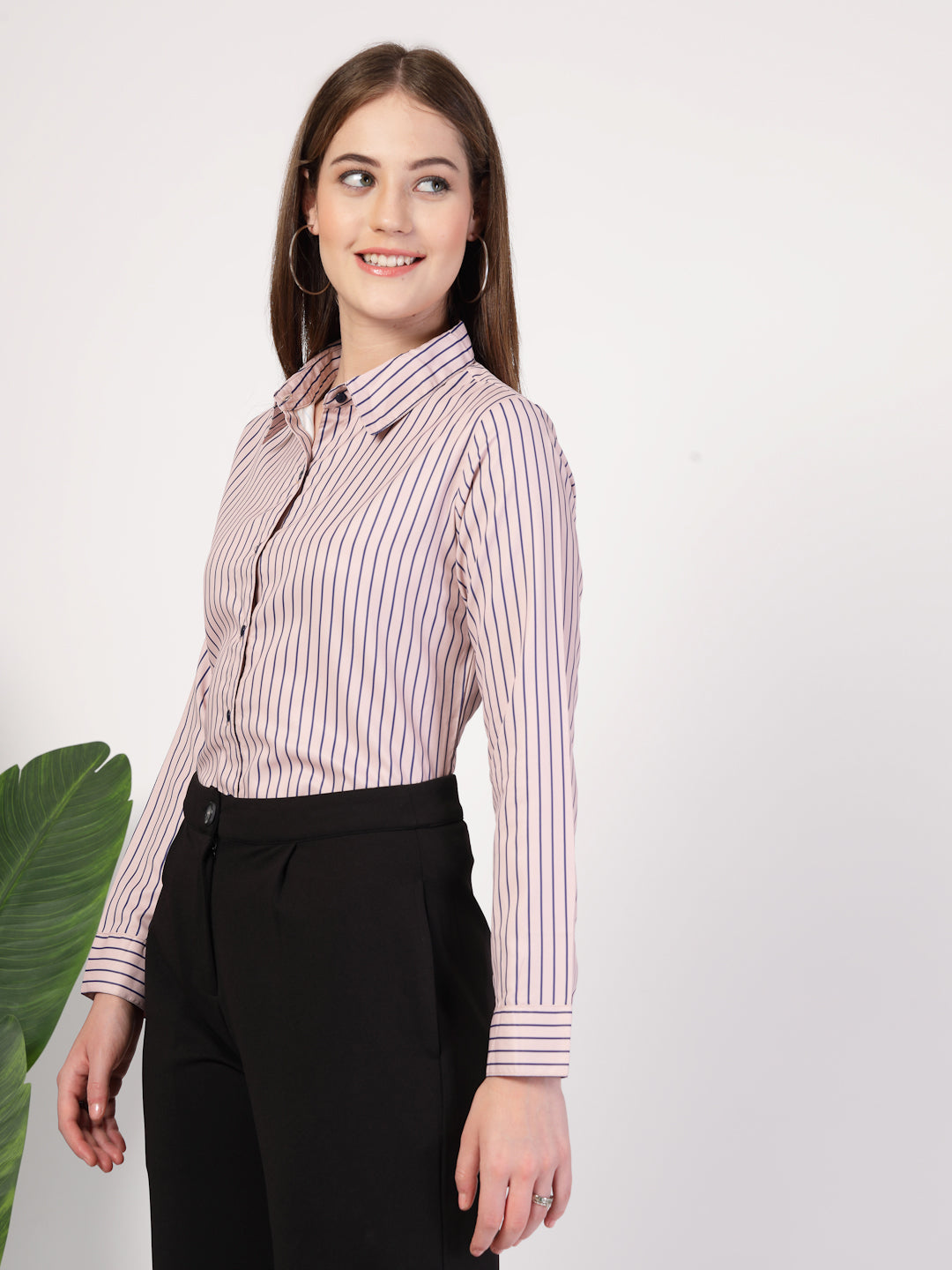 Style Quotient Women Nude Navy Stripe Printed Formal Polyester Shirt-Shirts-StyleQuotient