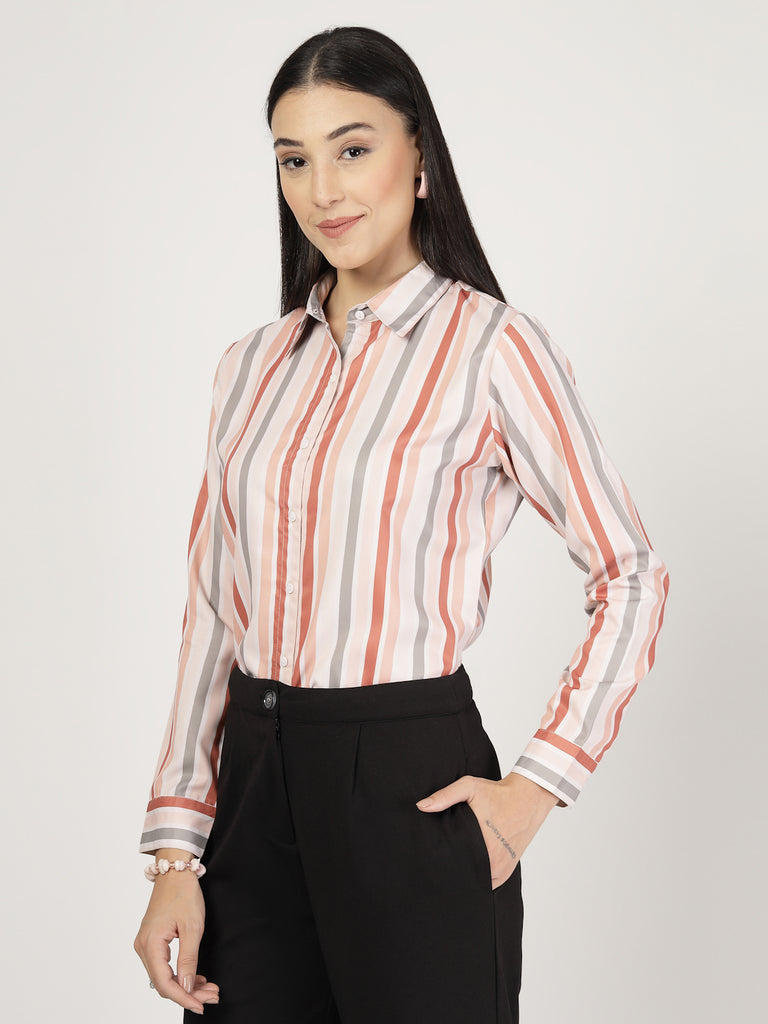 Style Quotient Women Beige Multi Stripe Printed Formal Polyester Shirt-Shirts-StyleQuotient