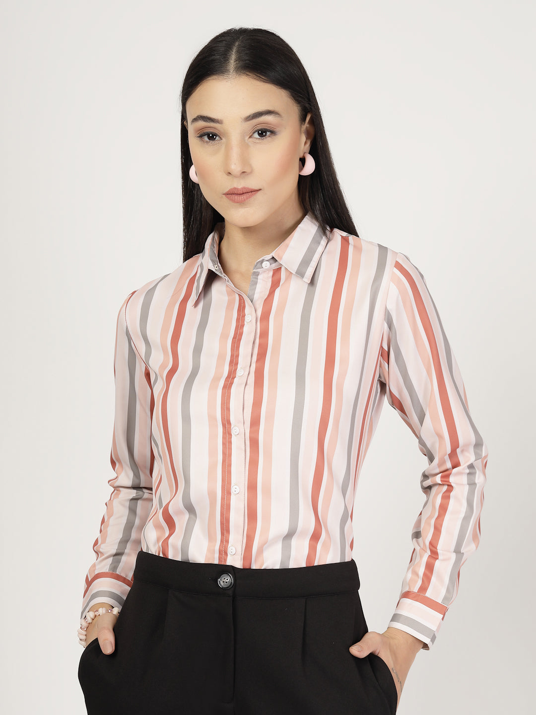Style Quotient Women Beige Multi Stripe Printed Formal Polyester Shirt-Shirts-StyleQuotient