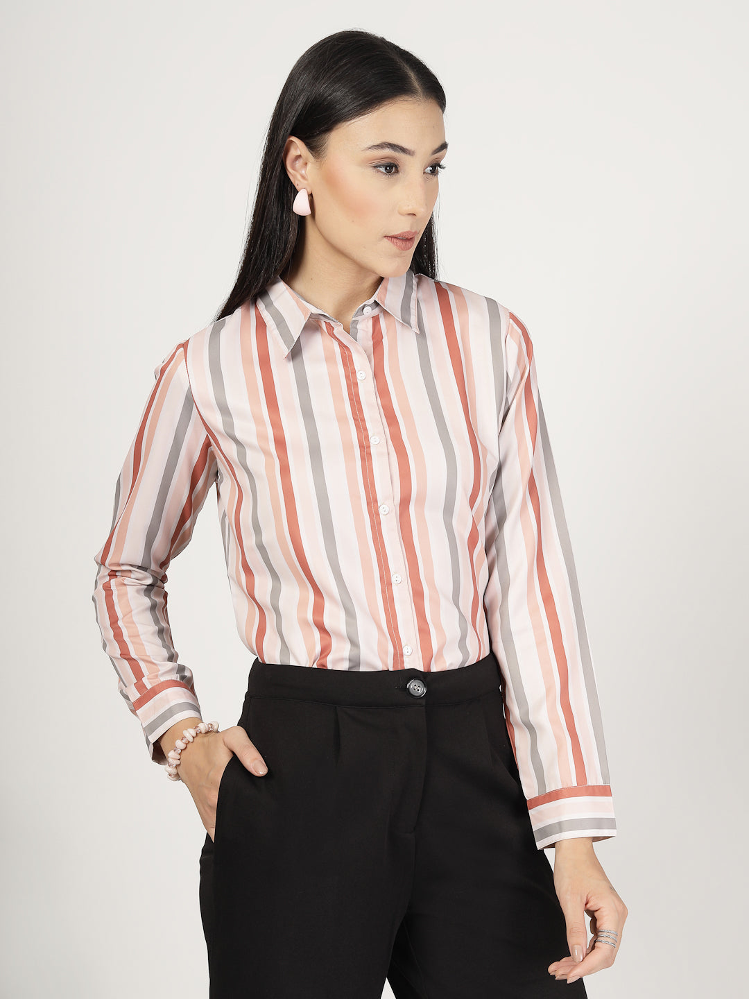 Style Quotient Women Beige Multi Stripe Printed Formal Polyester Shirt-Shirts-StyleQuotient