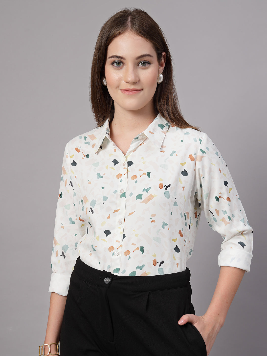 Style Quotient Women Off White Multi Printed Regular Fit Semi Formal Polyester Shirt-Shirts-StyleQuotient