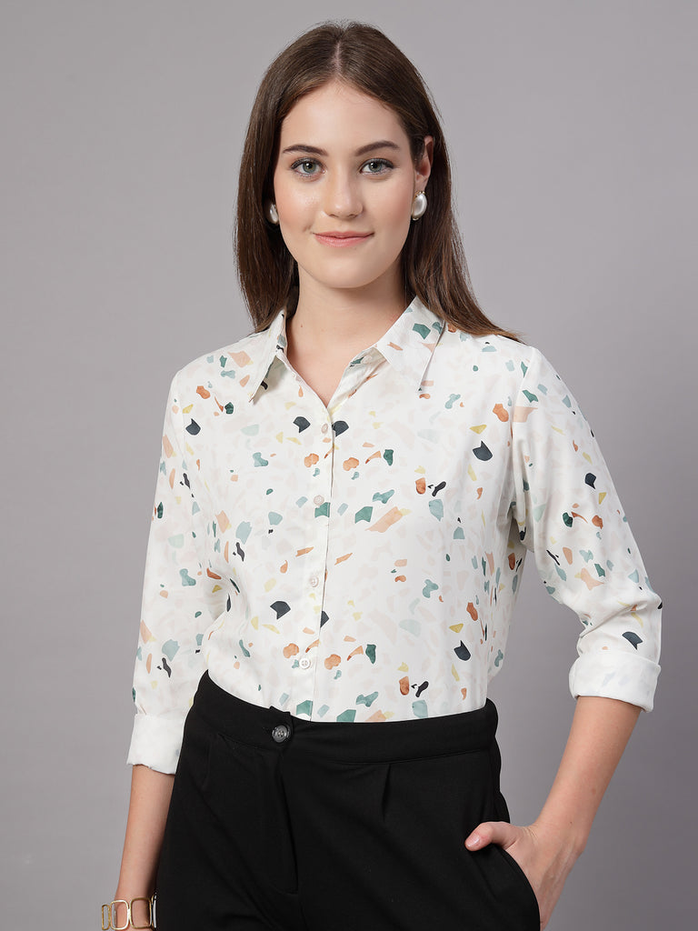 Style Quotient Women Off White Multi Printed Regular Fit Semi Formal Polyester Shirt-Shirts-StyleQuotient
