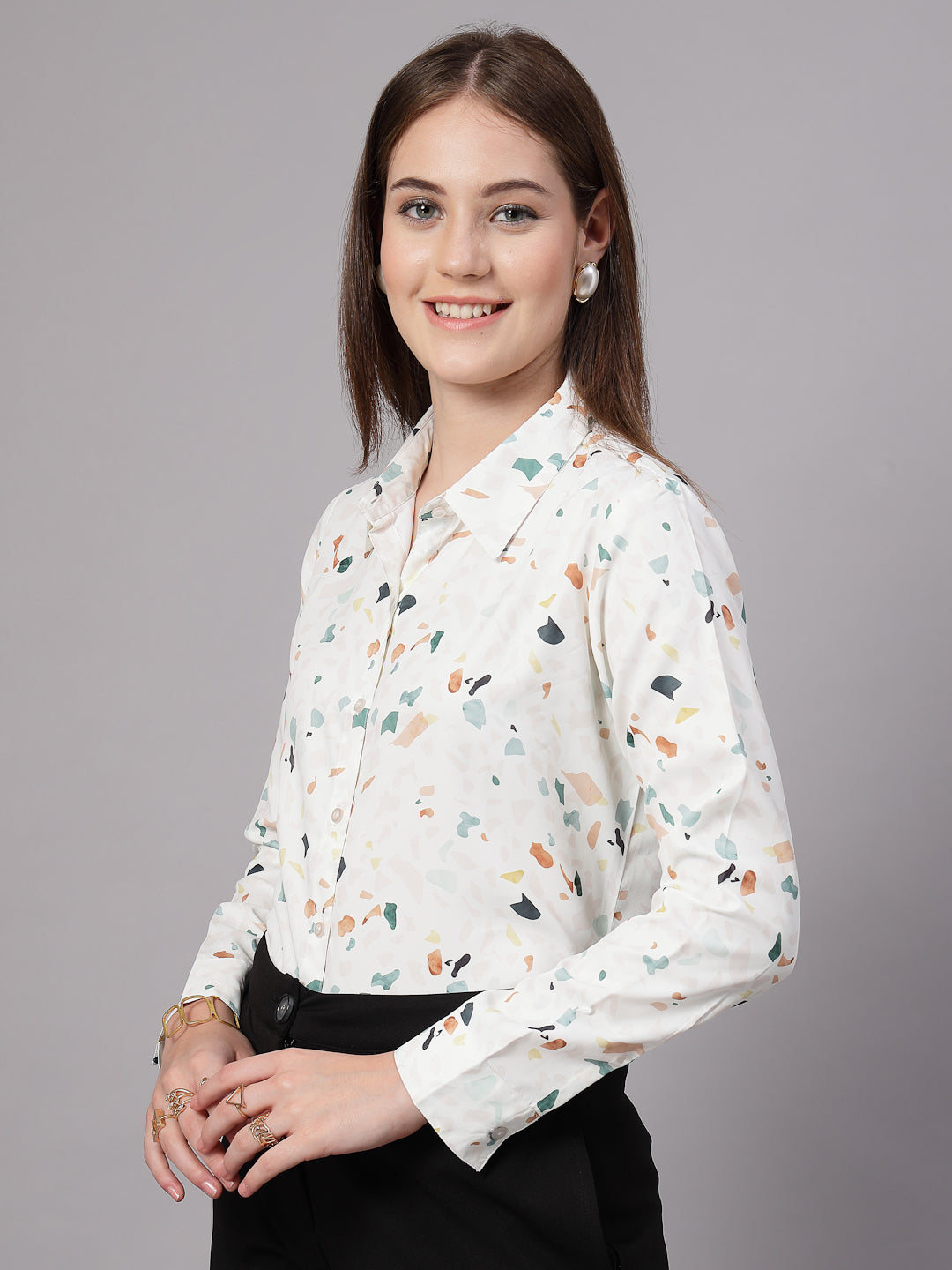 Style Quotient Women Off White Multi Printed Regular Fit Semi Formal Polyester Shirt-Shirts-StyleQuotient