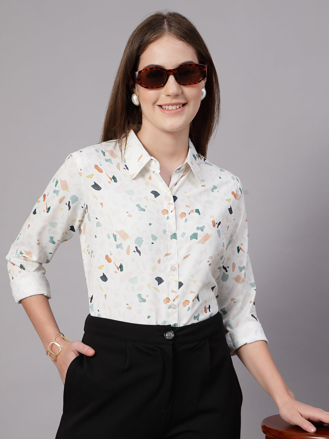 Style Quotient Women Off White Multi Printed Regular Fit Semi Formal Polyester Shirt-Shirts-StyleQuotient