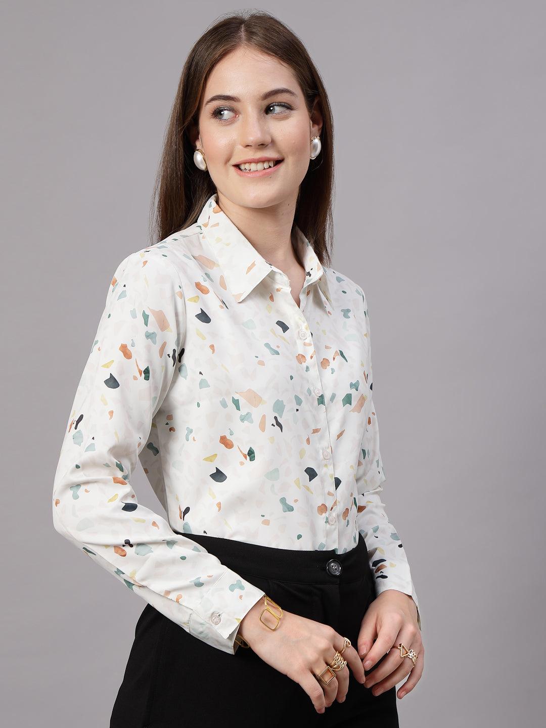Style Quotient Women Off White Multi Printed Regular Fit Semi Formal Polyester Shirt-Shirts-StyleQuotient