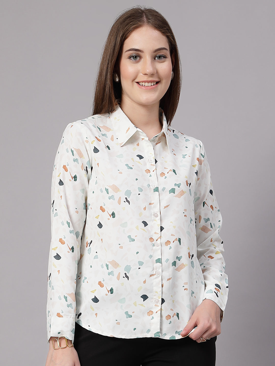 Style Quotient Women Off White Multi Printed Regular Fit Semi Formal Polyester Shirt-Shirts-StyleQuotient