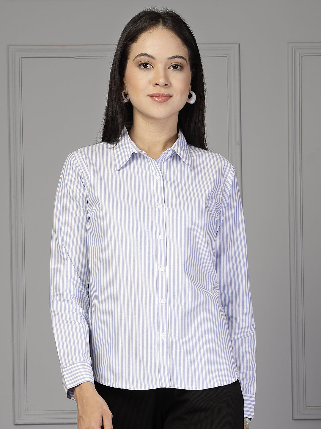 Style Quotient Women Blue and White Stripe Formal Shirt-Shirts-StyleQuotient
