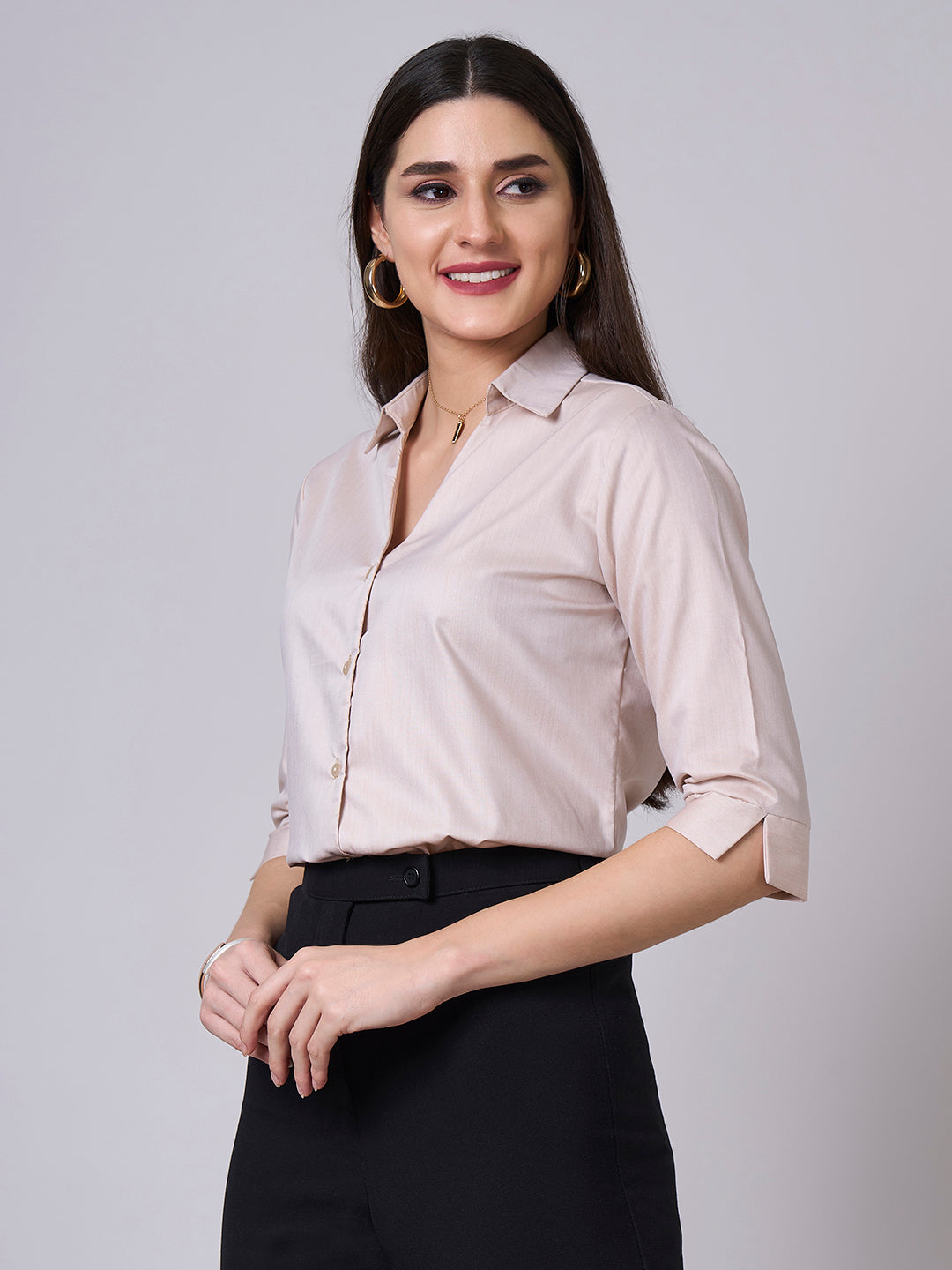 Style Quotient Women Solid Beige Chambray Formal Shirt-Shirts-StyleQuotient