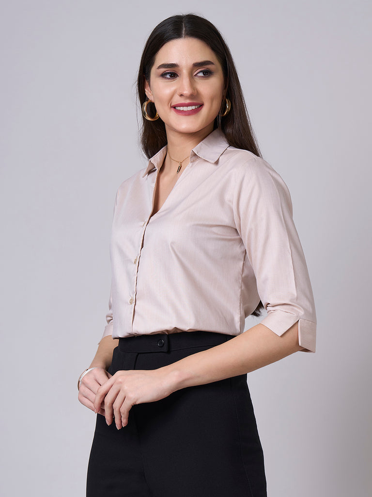 Style Quotient Women Solid Beige Chambray Formal Shirt-Shirts-StyleQuotient