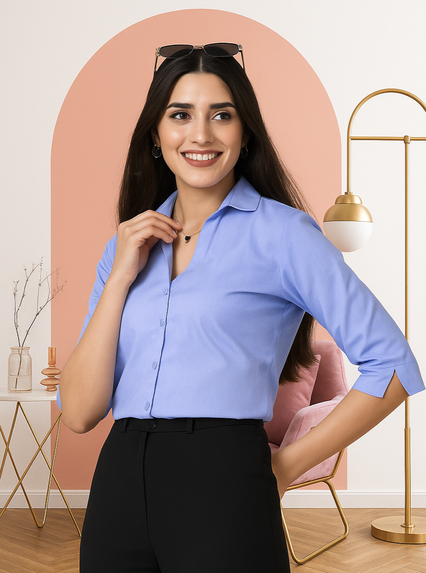 Style Quotient Women Solid Blue Chambray Formal Shirt-Shirts-StyleQuotient