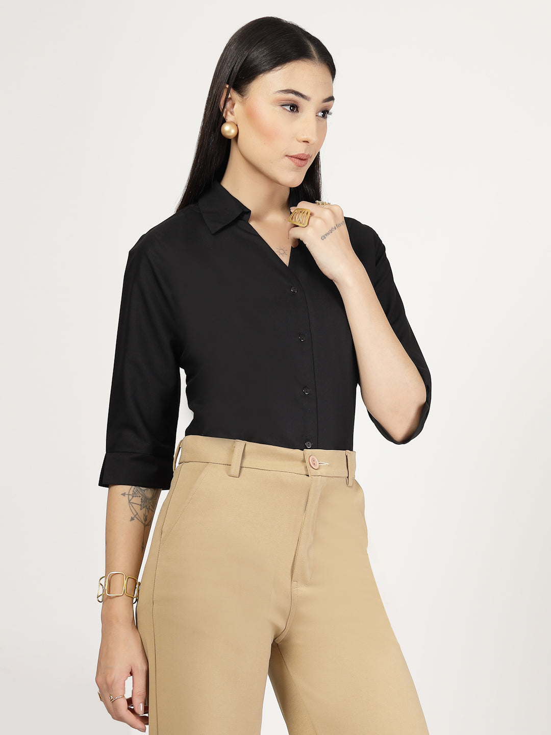 Style Quotient Women Solid Black PolyCotton Formal Shirt-Shirts-StyleQuotient