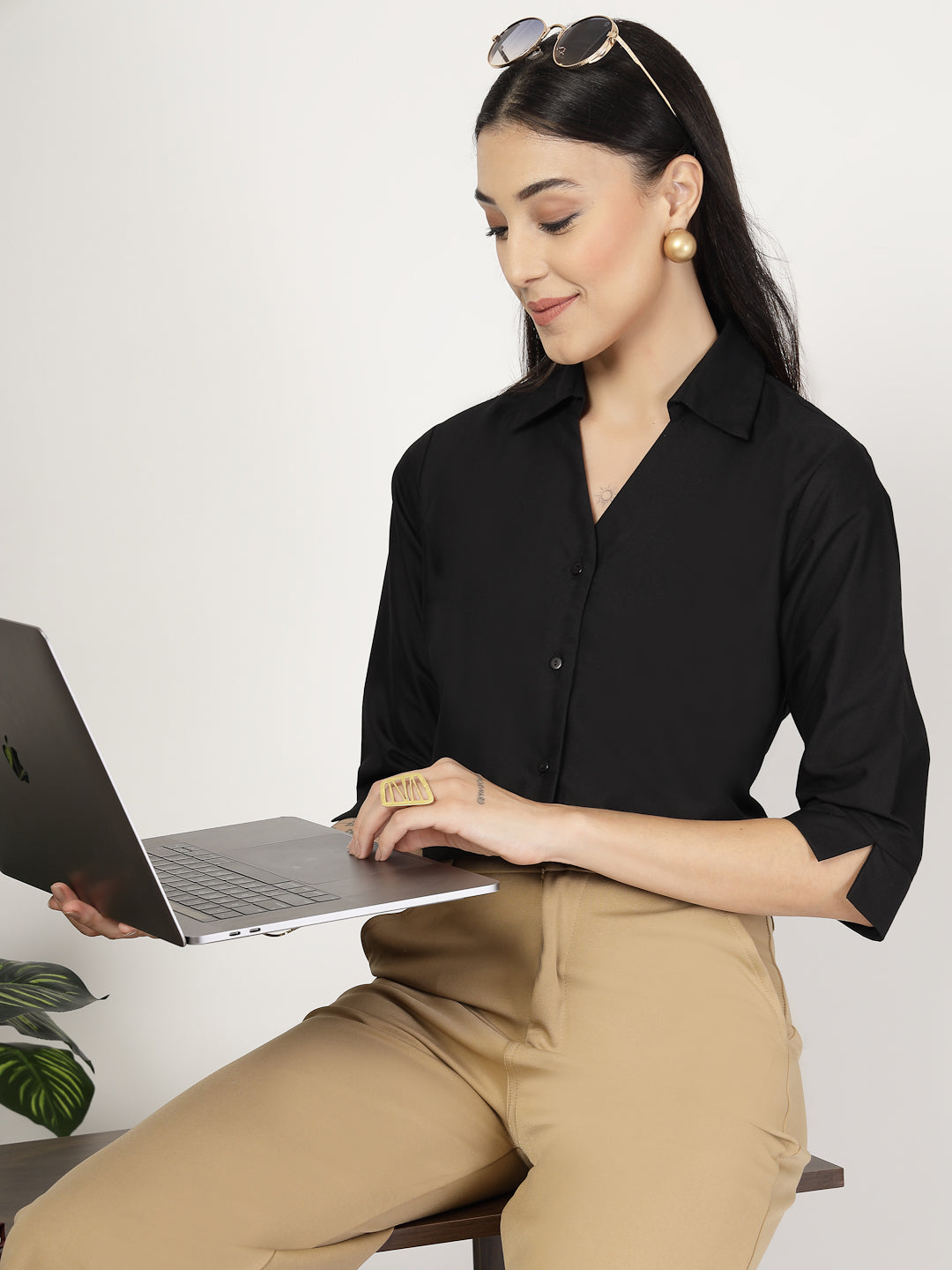 Style Quotient Women Solid Black PolyCotton Formal Shirt-Shirts-StyleQuotient