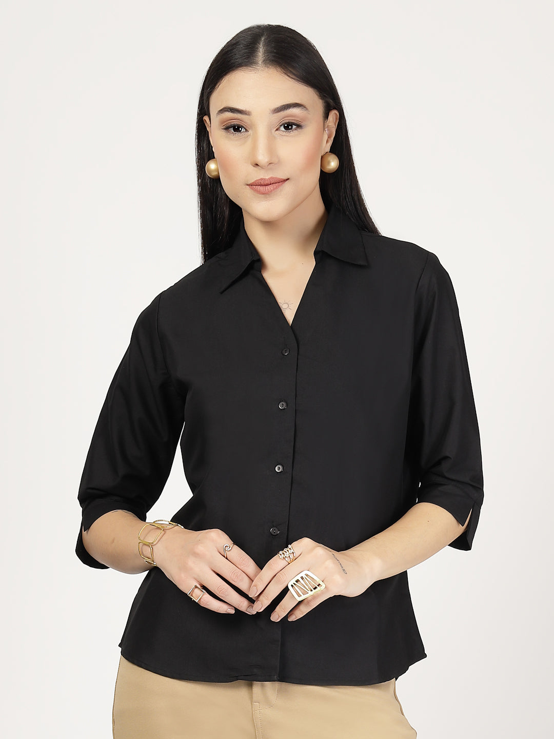 Style Quotient Women Solid Black PolyCotton Formal Shirt-Shirts-StyleQuotient