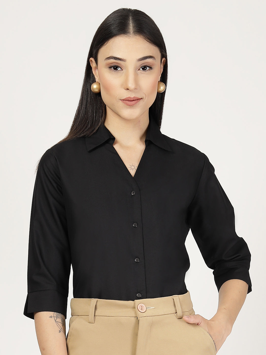 Style Quotient Women Solid Black PolyCotton Formal Shirt-Shirts-StyleQuotient
