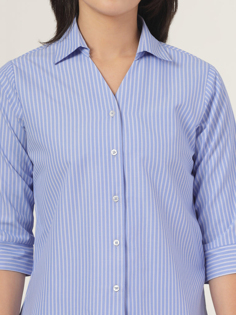 Style Quotient Women Stripe Blue and White Polycotton Formal Shirt-Shirts-StyleQuotient