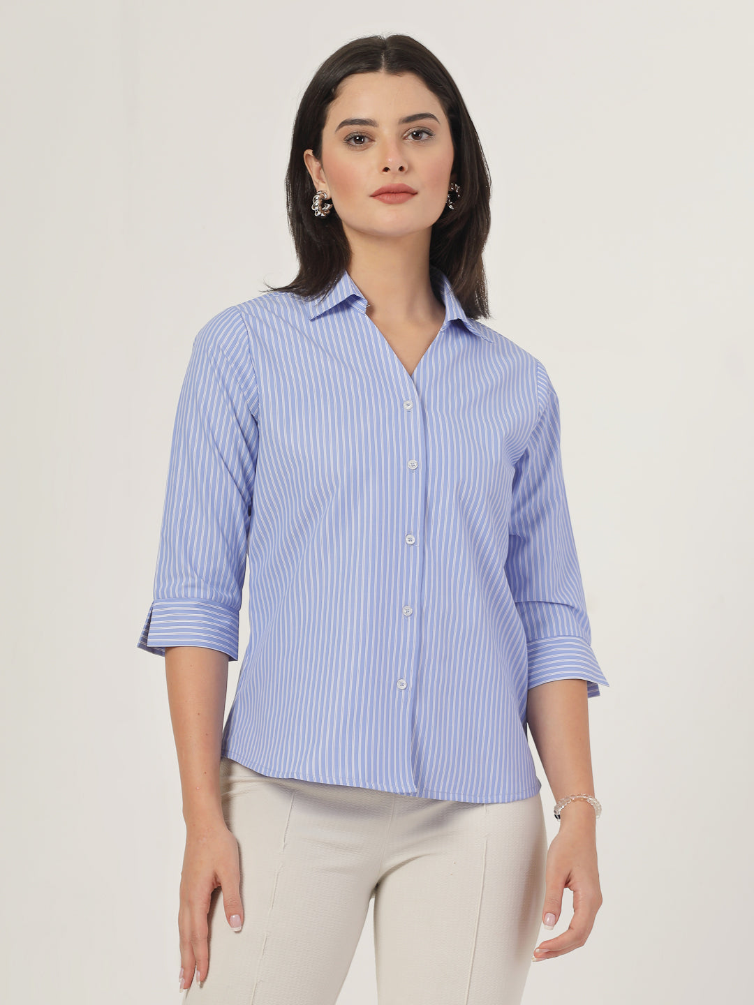 Style Quotient Women Stripe Blue and White Polycotton Formal Shirt-Shirts-StyleQuotient