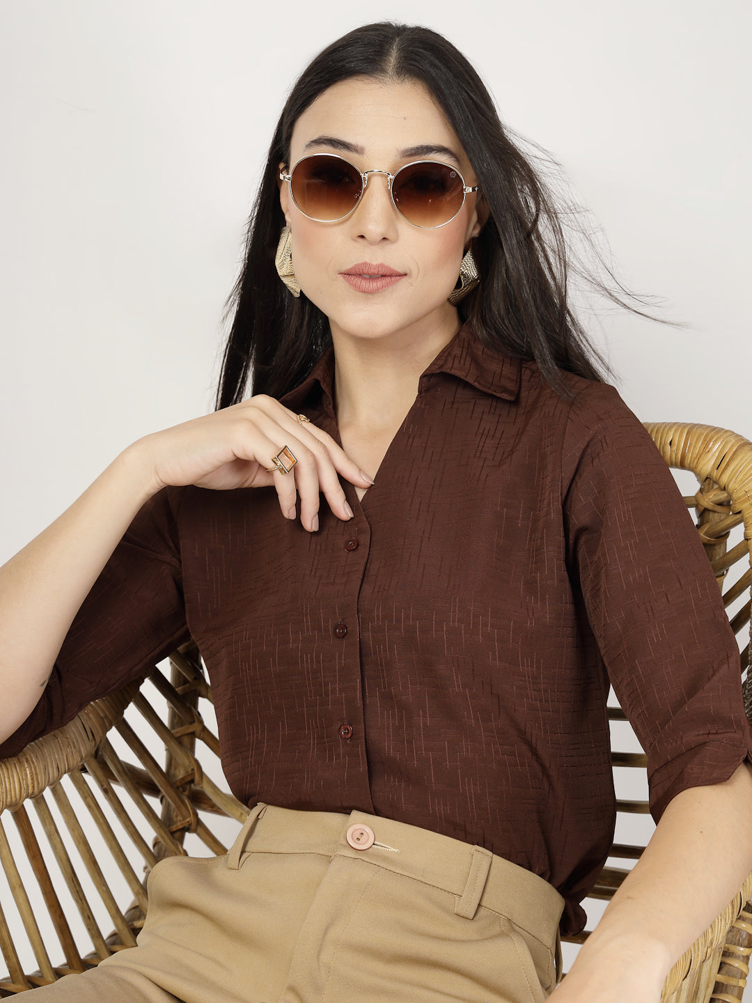Style Quotient Women Texture Brown Formal Shirt-Shirts-StyleQuotient