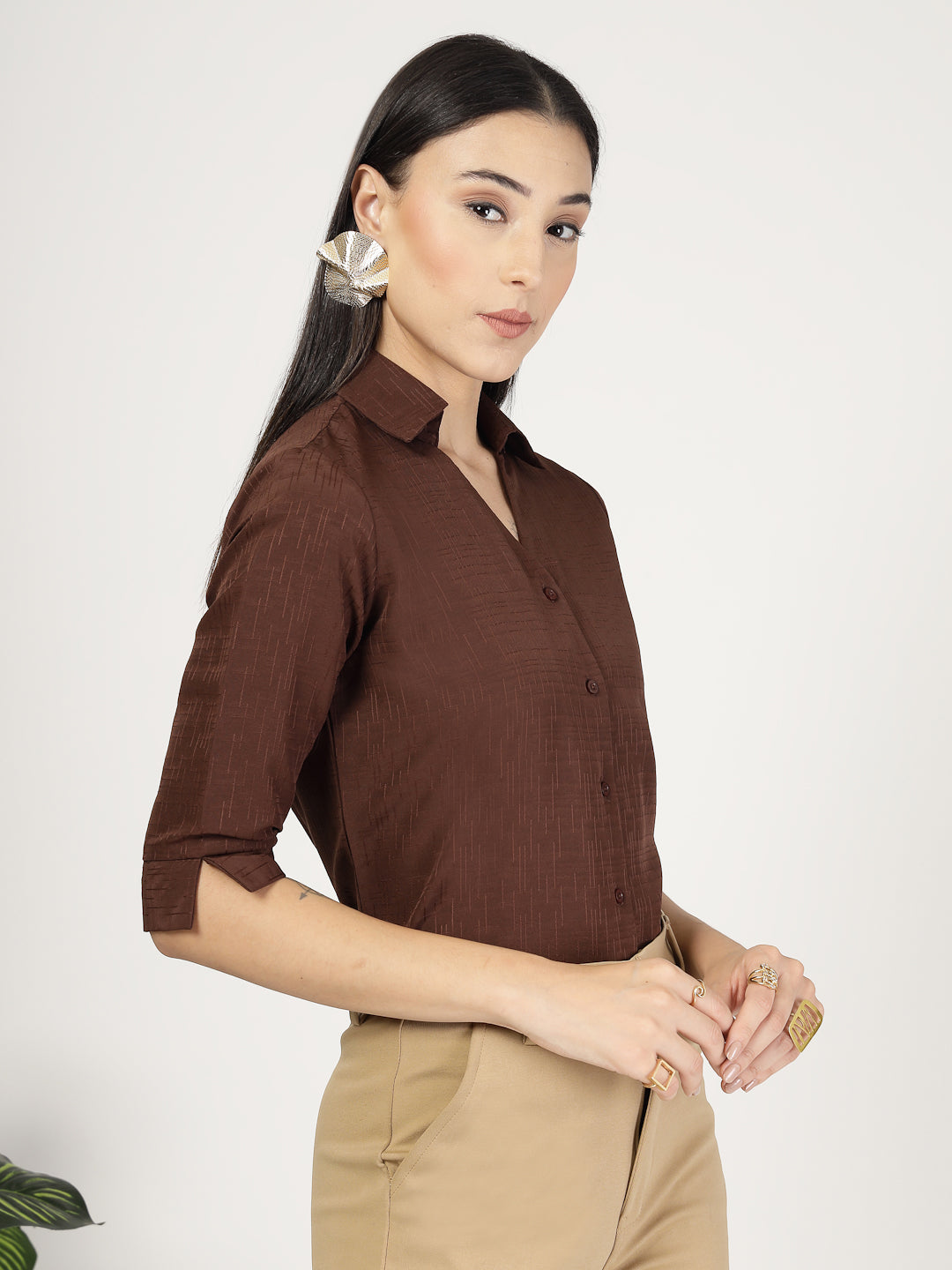 Style Quotient Women Texture Brown Formal Shirt-Shirts-StyleQuotient