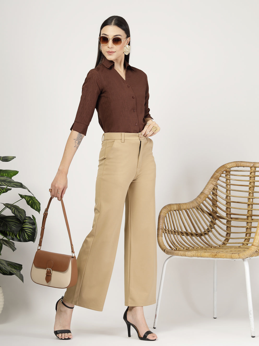 Style Quotient Women Texture Brown Formal Shirt-Shirts-StyleQuotient