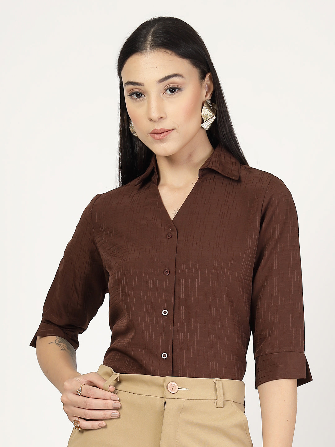 Style Quotient Women Texture Brown Formal Shirt-Shirts-StyleQuotient