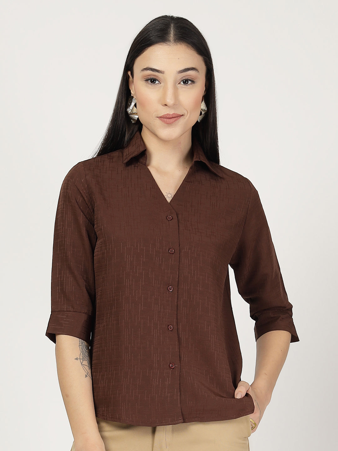 Style Quotient Women Texture Brown Formal Shirt-Shirts-StyleQuotient