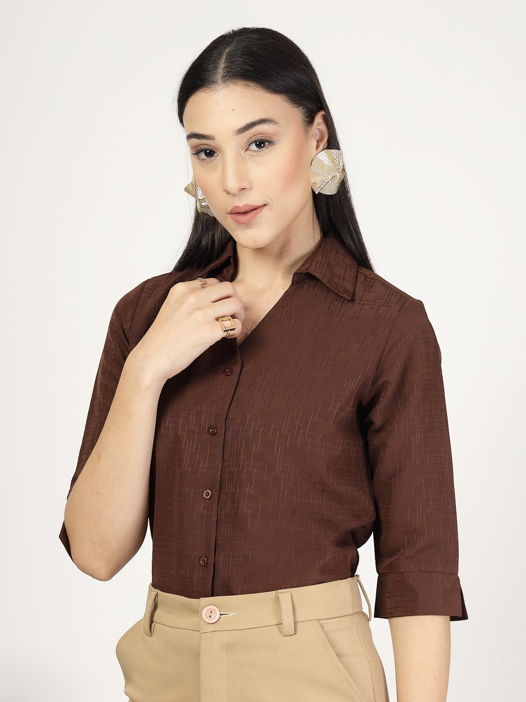 Style Quotient Women Texture Brown Formal Shirt-Shirts-StyleQuotient