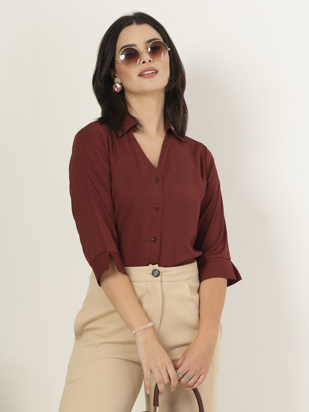 Style Quotient Women Solid Maroon Polymoss Formal Shirt-Shirts-StyleQuotient