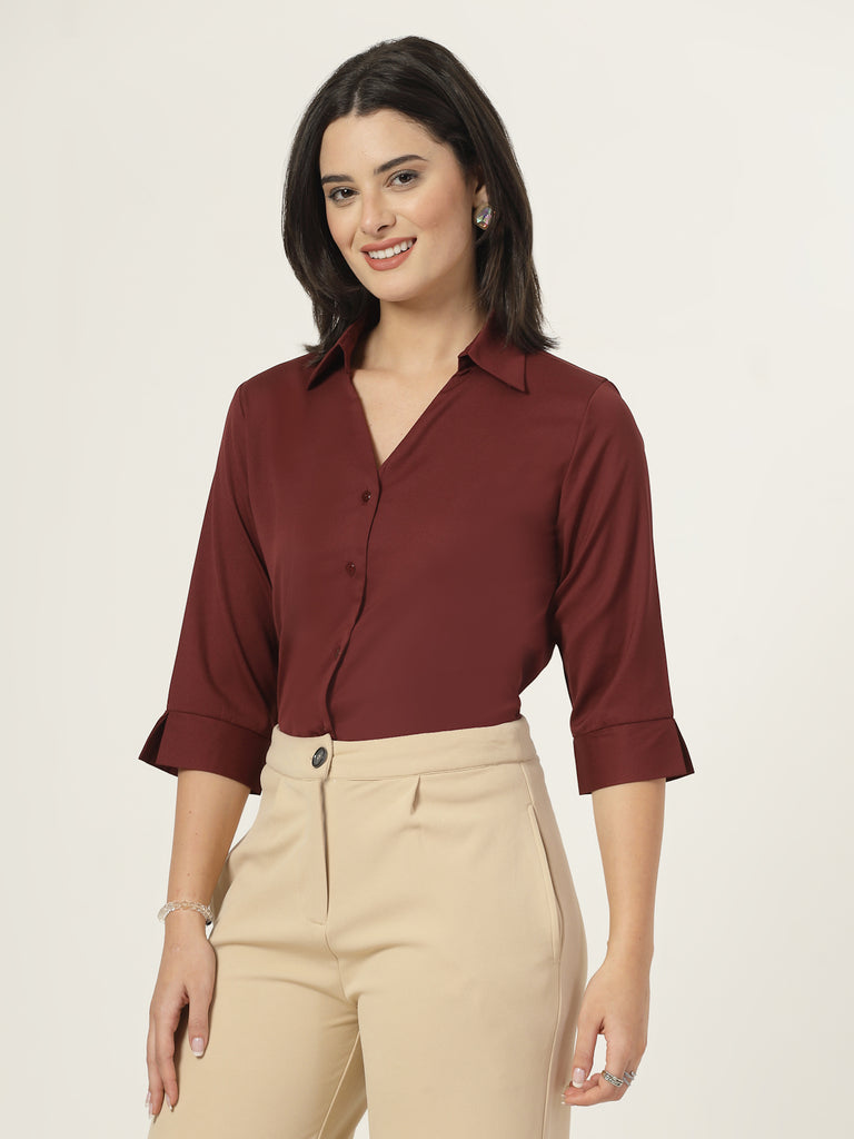 Style Quotient Women Solid Maroon Polymoss Formal Shirt-Shirts-StyleQuotient