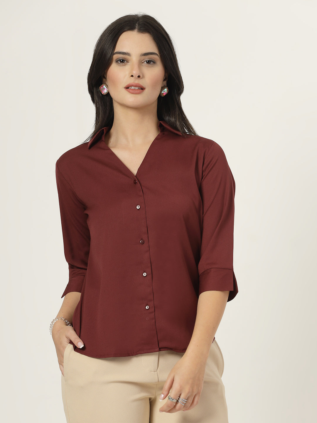 Style Quotient Women Solid Maroon Polymoss Formal Shirt-Shirts-StyleQuotient