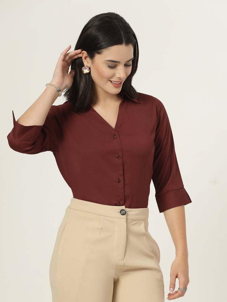 Style Quotient Women Solid Maroon Polymoss Formal Shirt-Shirts-StyleQuotient