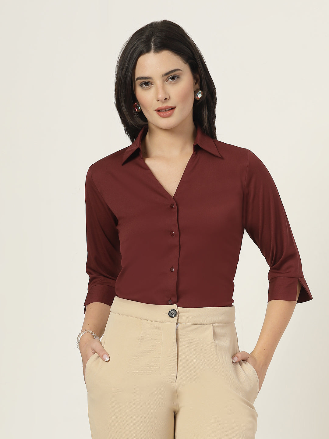 Style Quotient Women Solid Maroon Polymoss Formal Shirt-Shirts-StyleQuotient